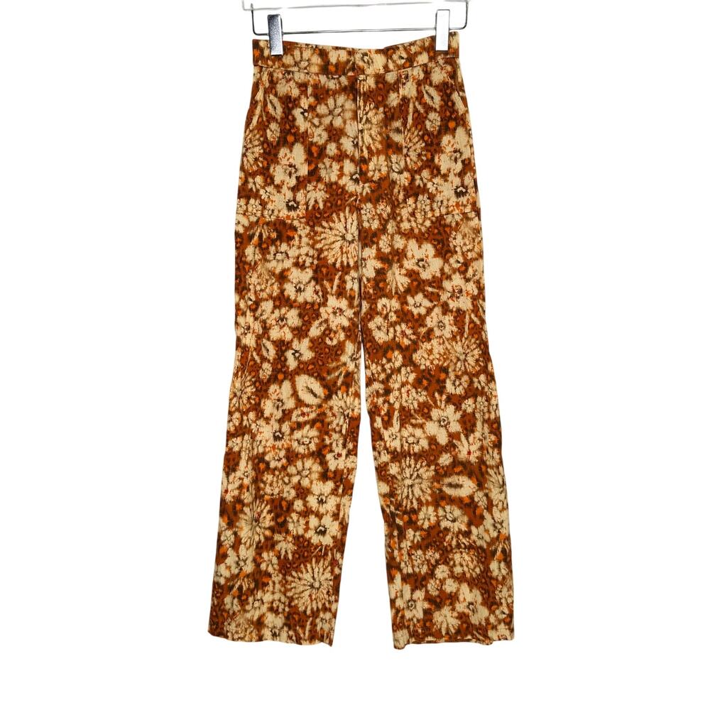 Zara Linen Wide Leg Floral Pants S Bohemian Burnt Orange Womens Trouser